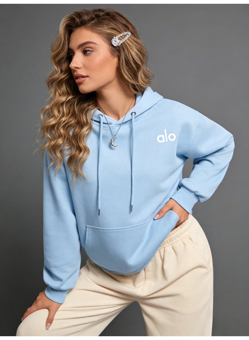 Alo World Blue Hoodie - Unisex Minimalist Logo Pullover, Suitable for Sports and Daily Leisure Styles - Image 3